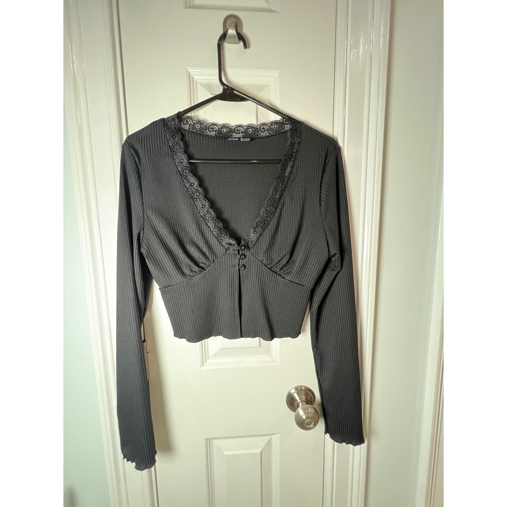 Shein Black Ribbed Lace Trim V-Neck Long Sleeve Crop Top Size M US 6